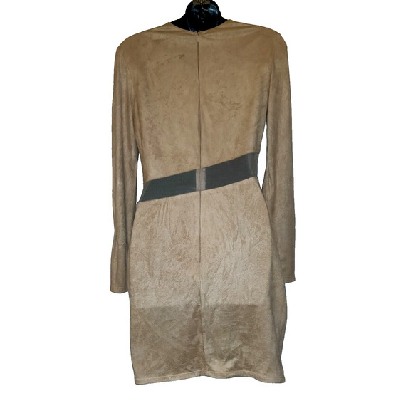 Va Va Voom Dress BODYCON Beige See-thru Mesh Panels Faux Suede Vintage Y2K M - Picture 11 of 15
